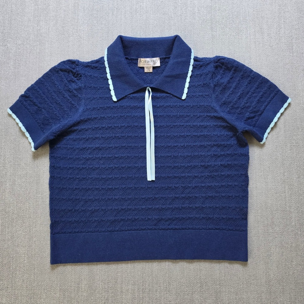 Forward Young Contemporary Knit Polo Women L Blue Scallop Trim Ribbon Sweater